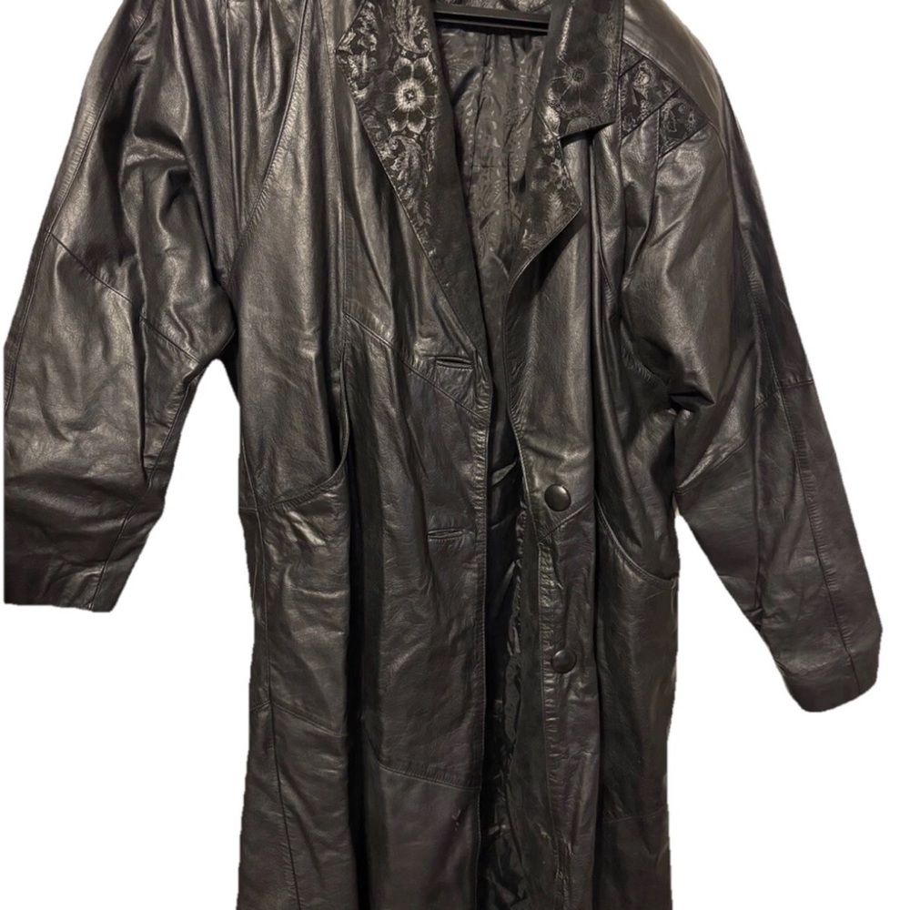 Women's Black Leather Coat Vintage Paris Sport Club Women’s Medium Long